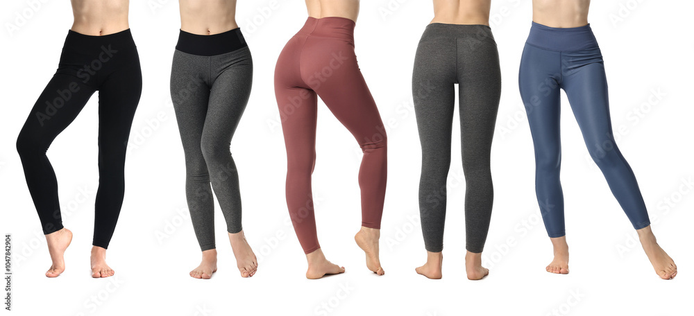 Wall mural Women posing in different yoga leggings on white background, closeup. Collage of photos