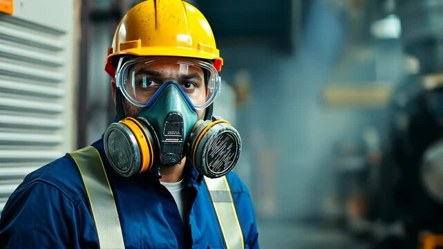 A worker in a factory wears a respirator mask and safety glasses