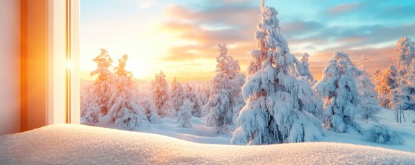 Snow-Covered Winter Landscape with a Cozy Cabin Interior View Through a Frosty Window, Winter Wonderland, Cabin, Snow, Trees, Sunset, Warm Light, Cozy, Frozen, Frosty, Window, Nature, Landscape
