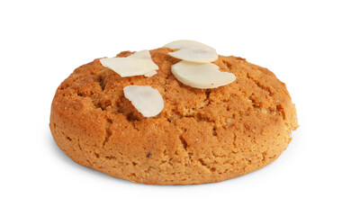 One tasty cookie with almond flakes isolated on white