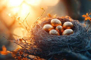 Golden Eggs in a Nest Bathed in Soft Sunlight, A Symbol of Nature's Bounty and the Promise of New Beginnings The Richness of Nature is Evident in This Captivating Image, Capturing the Essence of