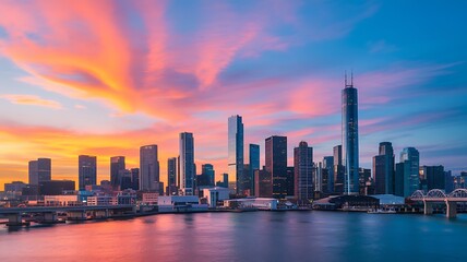 Fototapeta premium Cityscape at Sunset with a Vibrant Sky and a Bridge in the Foreground