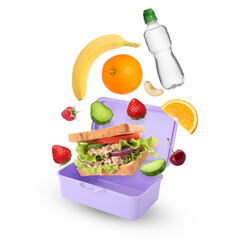 Different food and bottle of water falling into lunch box on white background