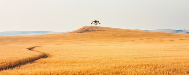 Obraz premium A single tree stands tall on a golden field, a winding path leading through the landscape.