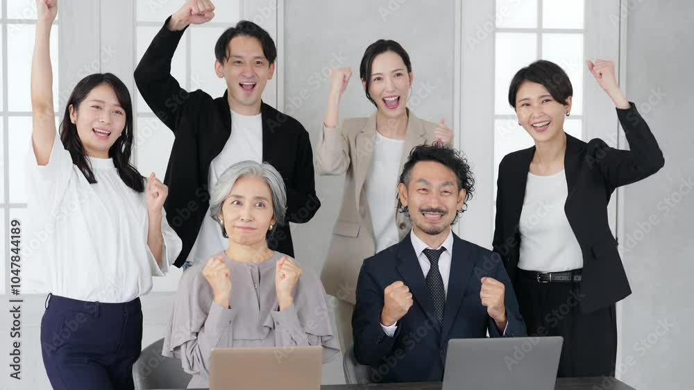 Aufkleber 団結、ビジネス、ビジネスマン、ビジネスウーマン、チームワーク、経営、日本人、マネジメント、人材、ガッツポーズ、やる気、職場、挑戦、チャレンジ、グループ、多人数、大勢、複数人、企業、会社員、会社、モチベ