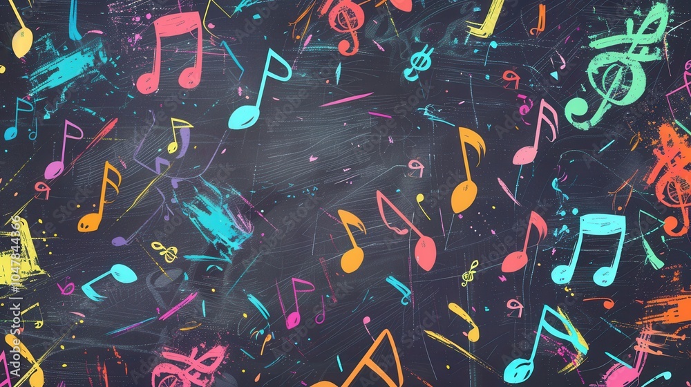 Leinwandbilder a chalkboard displays a lively mix of colorful brushstrokes intertwined with various musical notes a