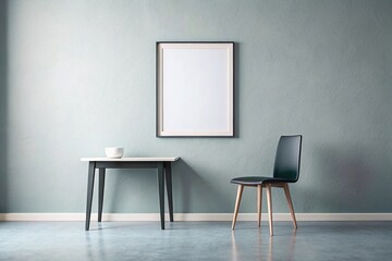 Symmetrical minimalist chair and table with blank frame on wall