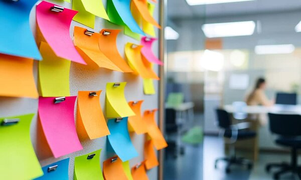 A colorful array of sticky notes on a board, used for brainstorming and organizing ideas.
