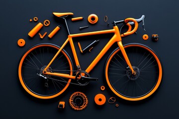 Fototapeta premium A flat, minimalist depiction of a dismantled bicycle, with its parts arranged neatly around the frame