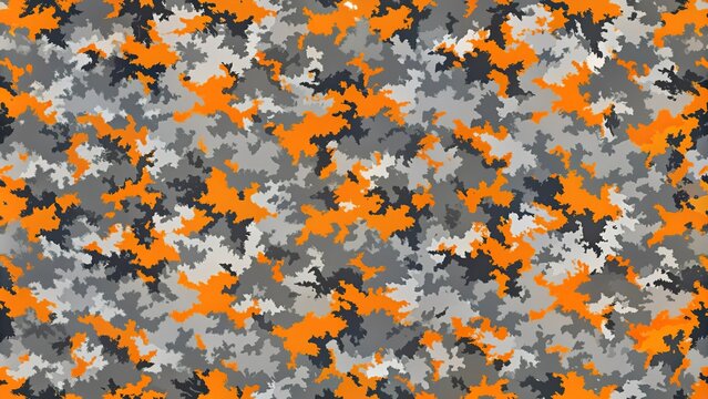 Symmetrical modern abstract grey and orange camo pattern with grunge style aesthetic seamless repeatable background
