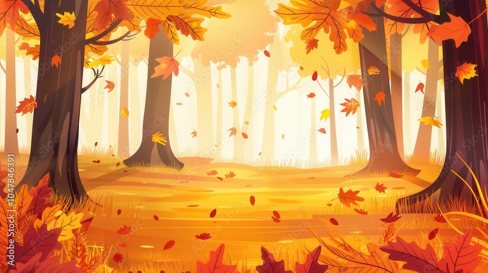 Poster A serene forest transforms into vibrant color as autumn leaves fall gently to the ground, creating a warm and inviting atmosphere. Generative AI