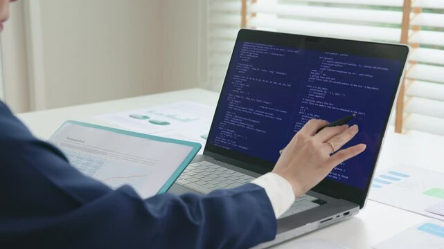 Smart AI cyber bot deep tech tools help write BI prompt code screen. Asia people asian IT woman typing busy work on predict big data mining center office reskill upskill STEM expert skill job course.