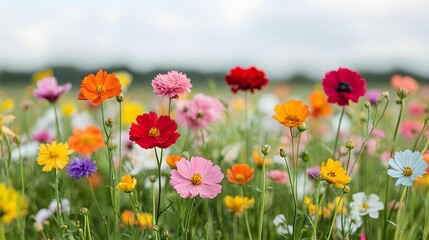 Obraz premium A vibrant field of colorful flowers blooming under a bright sky, creating a picturesque and lively scene in nature.