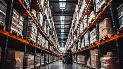 Fototapeta premium High shelves filled with boxes line a warehouse aisle with a forklift in use. Concept of storage and logistics. For warehouse management visuals