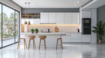 Residential interior of modern kitchen in luxury mansion, 3d rendering. Modern kitchen. Ultra realistic. Photorealistic