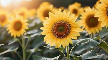 Fototapeta premium A vibrant field of sunflowers basking in sunlight, showcasing their bright yellow petals and round centers, epitomizing summer beauty.