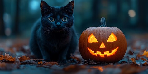 Obraz premium black cat sitting beside a halloween pumpkin