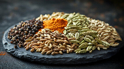 Obraz premium A Vibrant Collection of Exotic Spices Including Cardamom, Cumin Seeds, and Fenugreek on a Rustic Wooden Surface