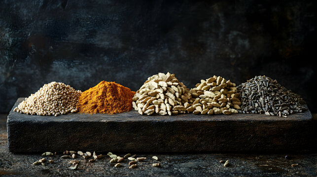 A Colorful Mix of Exotic Spices Including Cardamom, Cumin Seeds, and Fenugreek on a Rustic Wooden Surface