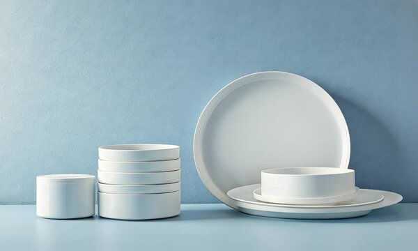 A minimalist arrangement of white dishes against a soft blue background.