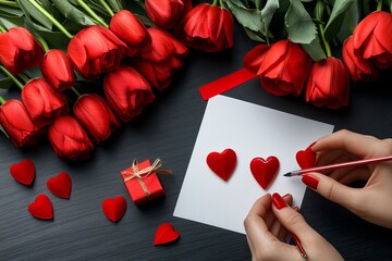 A person putting together a care package for a loved one, including personal touches like a letter and gifts
