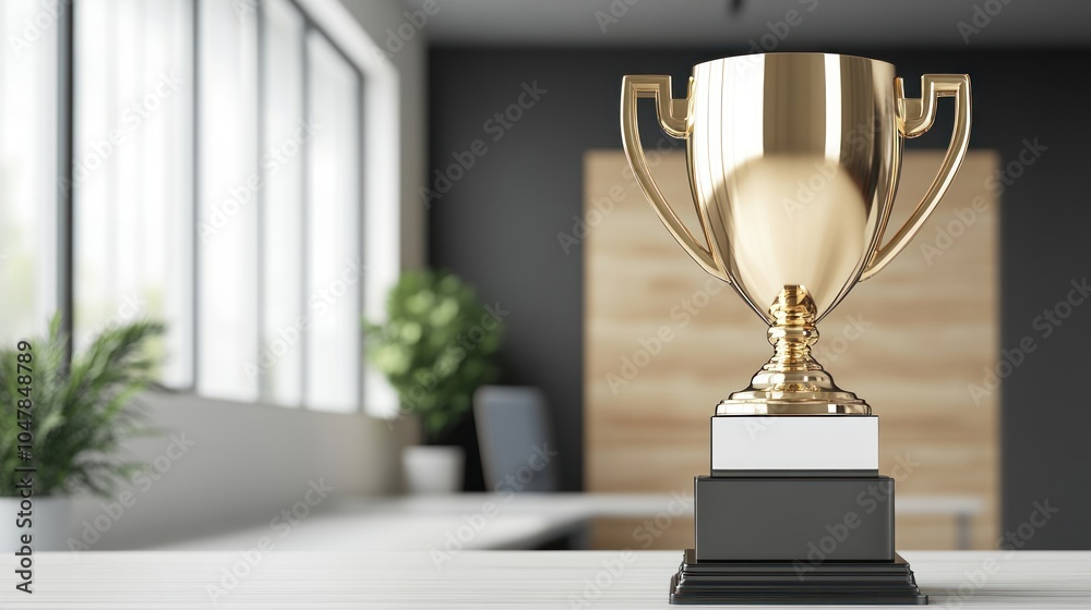 Poster A gold trophy sits on a wooden desk in a modern office, showcasing success and achievement.