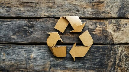 Recycled cardboard symbol on weathered wooden background highlighting environmental awareness and sustainability efforts