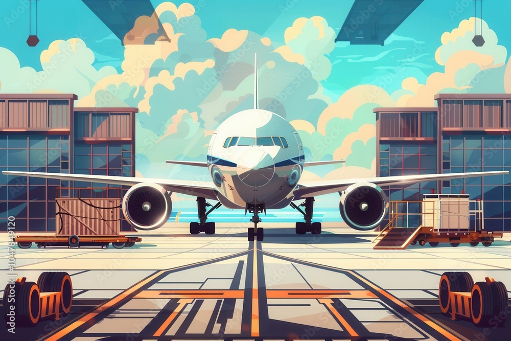 Poster a cargo airplane prepares for takeoff as ground crews efficiently load and unload freight at the bus