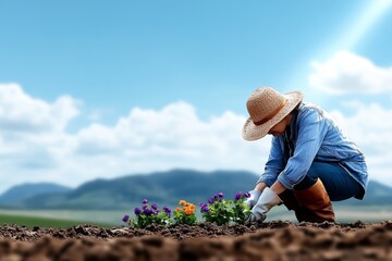 A soft watercolor image of a woman reclaiming her garden, planting flowers in a once-barren plot with sunlight streaming down
