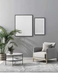 「モダンでミニマルなリビングルームインテリア。快適なアームチェア、コーヒーテーブル、スタイリッシュなウォールフレーム。アート作品やデザインコンセプトの展示に最適」