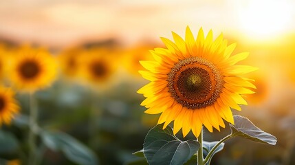 Obraz premium A vibrant sunflower stands tall against a backdrop of other sunflowers, illuminated by a warm, golden sunset.