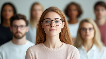Obraz premium group of diverse individuals participating in virtual meeting, with focus on woman in foreground wearing glasses. setting conveys sense of collaboration and engagement