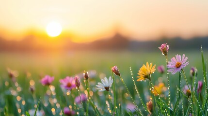Obraz premium A vibrant field of wildflowers blooms under a warm sunset, creating a serene and picturesque landscape filled with color and light.