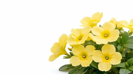 A cluster of vibrant yellow flowers amidst green leaves, set against a clean, white background.