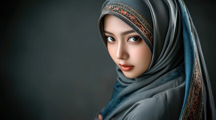Naklejka premium Close-up Portrait of a Woman Wearing a Blue and Gold Hijab