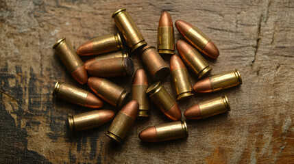 A collection of bullets arranged on a wooden surface, showcasing ammunition.