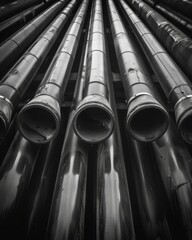 The repetitive pattern of pipes repeating endlessly into the distance symbolizing the unending cycle of industry. Black and white art