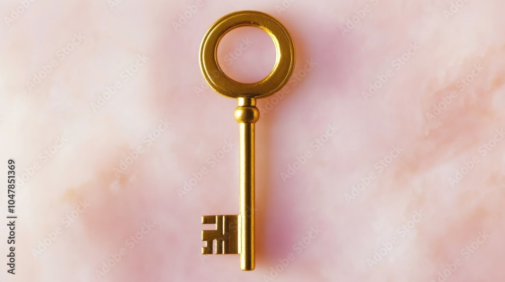 Poster A single golden key on a pink background.