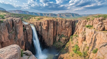 Majestic Waterfall in Rocky Landscape Under Cloudy Sky