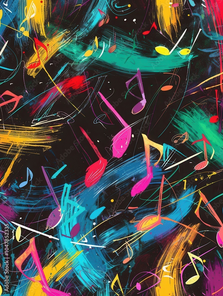 Aufkleber colorful brushstrokes intertwine with musical notes on a chalkboard, illustrating artistic expressio