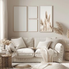 「ベージュのソファ、ふかふかのクッション、乾燥させたパンパスグラスをあしらったスタイリッシュなアート作品。居心地の良い、くつろげる雰囲気を演出」