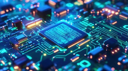 Obraz premium Circuit Board with Glowing Blue Chip