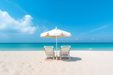 Obraz premium A Tranquil Beach Setting with Two Lounge Chairs and an Umbrella Under a Clear Blue Sky