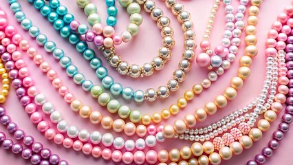 Symmetrical necklaces and bracelets made from multicolored beads and pearls on a pink pastel background