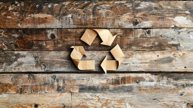 Recycling symbol made of cardboard on rustic wooden background for eco-friendly awareness campaign
