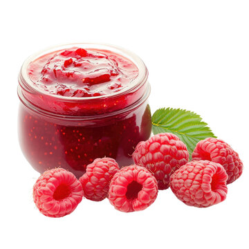 Raspberry jam in jar with fresh raspberries, white isolate background
