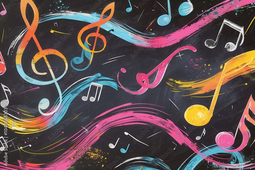 Aufkleber colorful brushstrokes and musical notes create a lively atmosphere on a chalkboard, inspiring creati