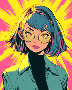Comic book style girl in glasses. Colorful action background