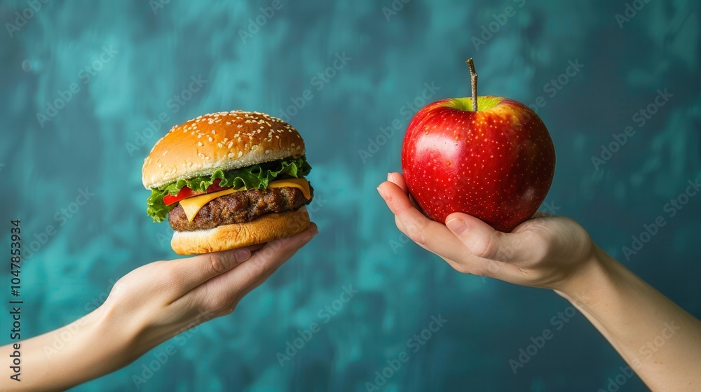 Poster balancing a vibrant apple in one hand and a hamburger in the other illustrates the choice between he