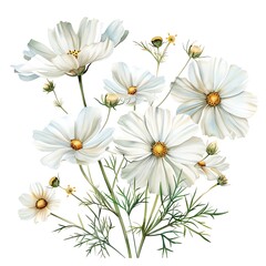 Fototapeta premium Watercolor White Cosmos Isolated on White Background. Beautiful Cosmos Flower